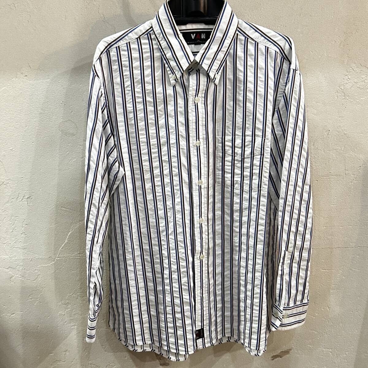 1605 VAN / ヴァン シアサッカー ストライプシャツ 長袖 ホワイト メンズ Lサイズ ボタンダウン コットン USED拍卖