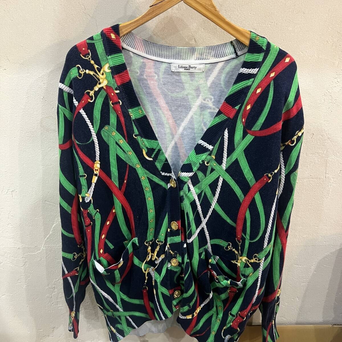 Liliane Burty Paris/リリアン ビューティ パリ 総柄カーディガン カーディガン 肩パッド付 コットン100% レディース LL used拍卖