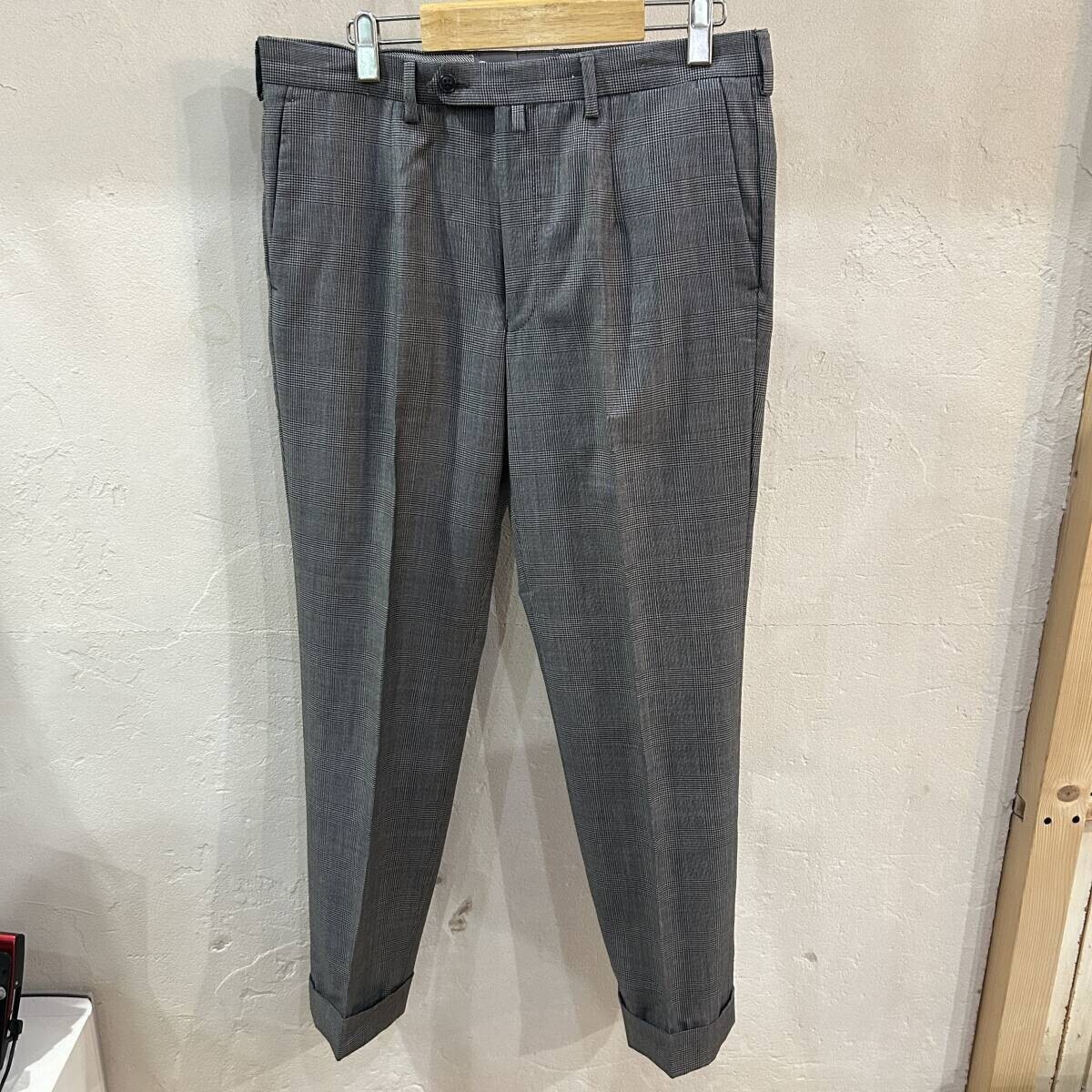 inteante / インテアント グレンチェック センタープレス スラックス ウール100% W79 テーパード USED拍卖