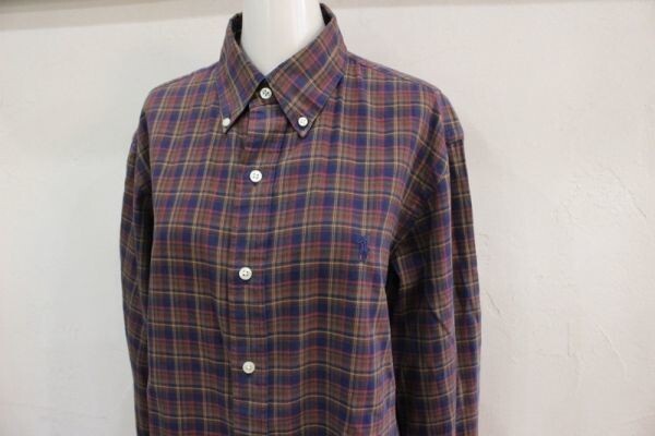 N11★RALPH LAUREN/ラルフローレン ポニー刺繍チェックボタンダウン長袖シャツ ブラウン Sサイズ 男女兼用 古着 USED ★拍卖