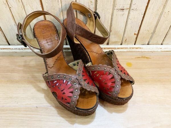 2082★ANASUI/アナスイ 15ANNIVERSARY 編み上げソールレザーサンダル ハートスタッズ付き Mサイズ レディース 靴 厚底 USED ★拍卖