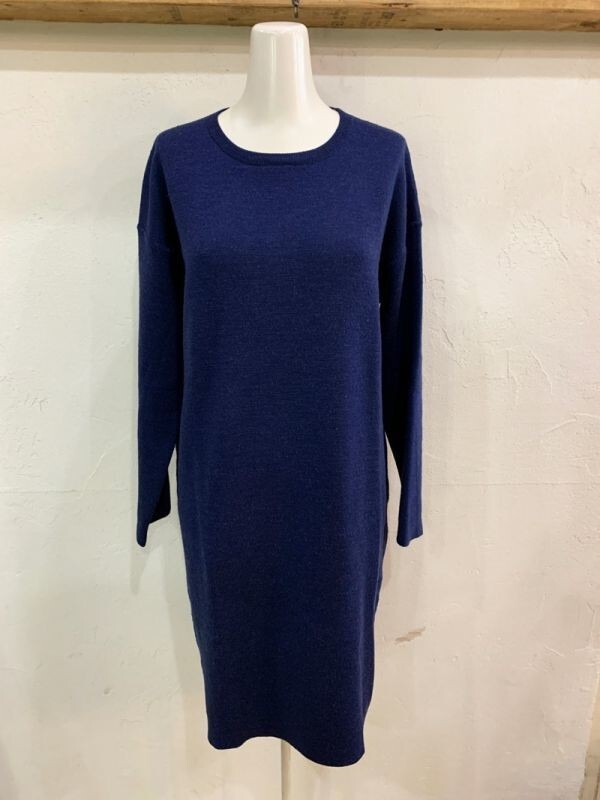 292★THREE DOTS/スリードッツ ウールレディースニットワンピース Sサイズ ネイビー×ブラウン 7分袖 USED カジュアル ★拍卖