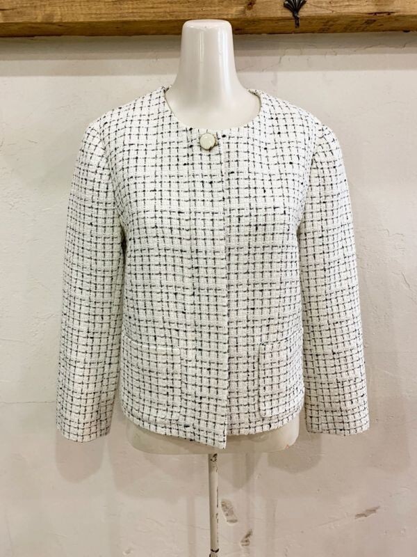 1569★BANANA REPUBLIC/バナナリパブリック ノーカラーツイードシングルボタンジッパージャケット レディース ホワイト系 サイズ2 USED ★拍卖