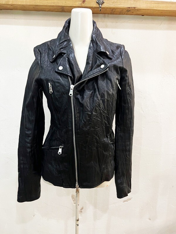 I14★Harlem Rounge/ハーレムラウンジ Pig Leather ダブルライダースジャケット レディース レザージャケット XSサイズ ブラック 豚革★拍卖