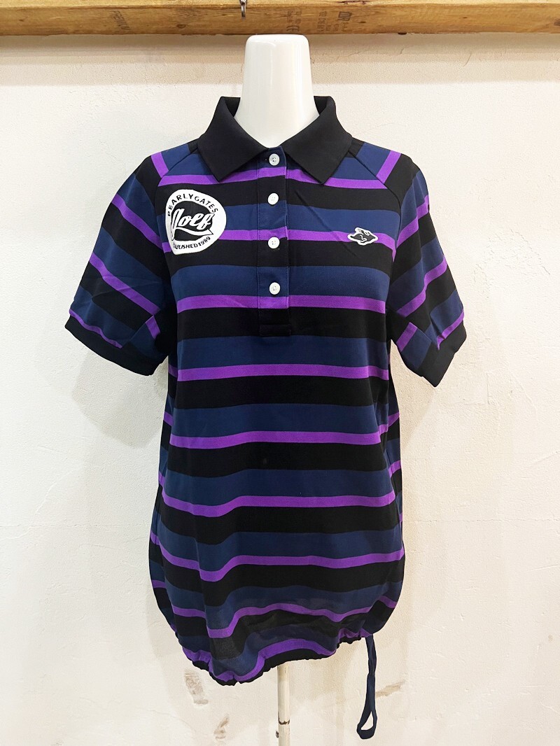 E40★PEARLY GATES/パーリーゲイツ ワッペンボーダーロゴプリントボーダーポロシャツ パープル系 半袖 ゴルフウェア サイズ1 ★拍卖