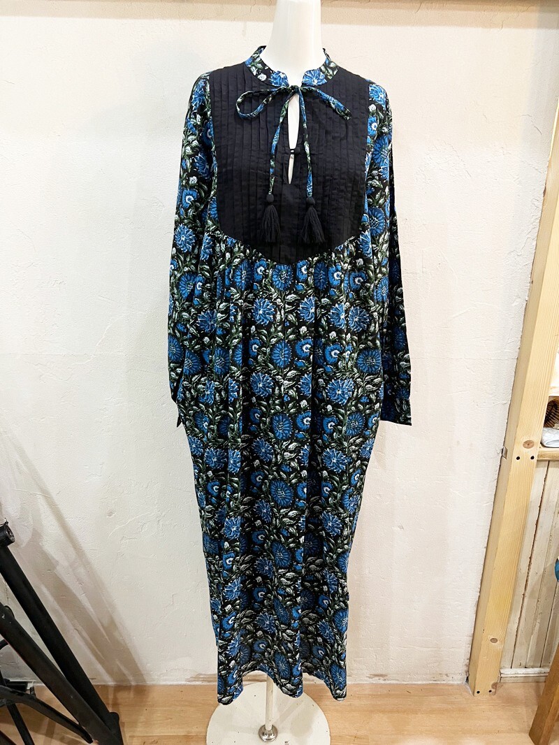 X29★notorico/ノトリコ 花柄切替オリエンタルワンピース レディース ロングワンピ ブルー×ブラック系 M~Lサイズ タッセルリボン USED ★拍卖