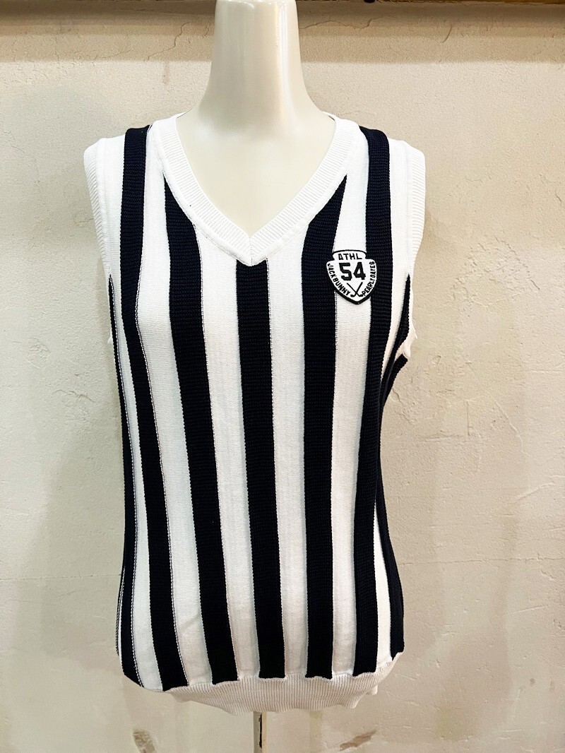 G99★JackBunny!!/ジャックバニー ストライプワッペンニットベスト ゴルフウェア レディース サイズ1 サマーニット ブラック×ホワイト★拍卖