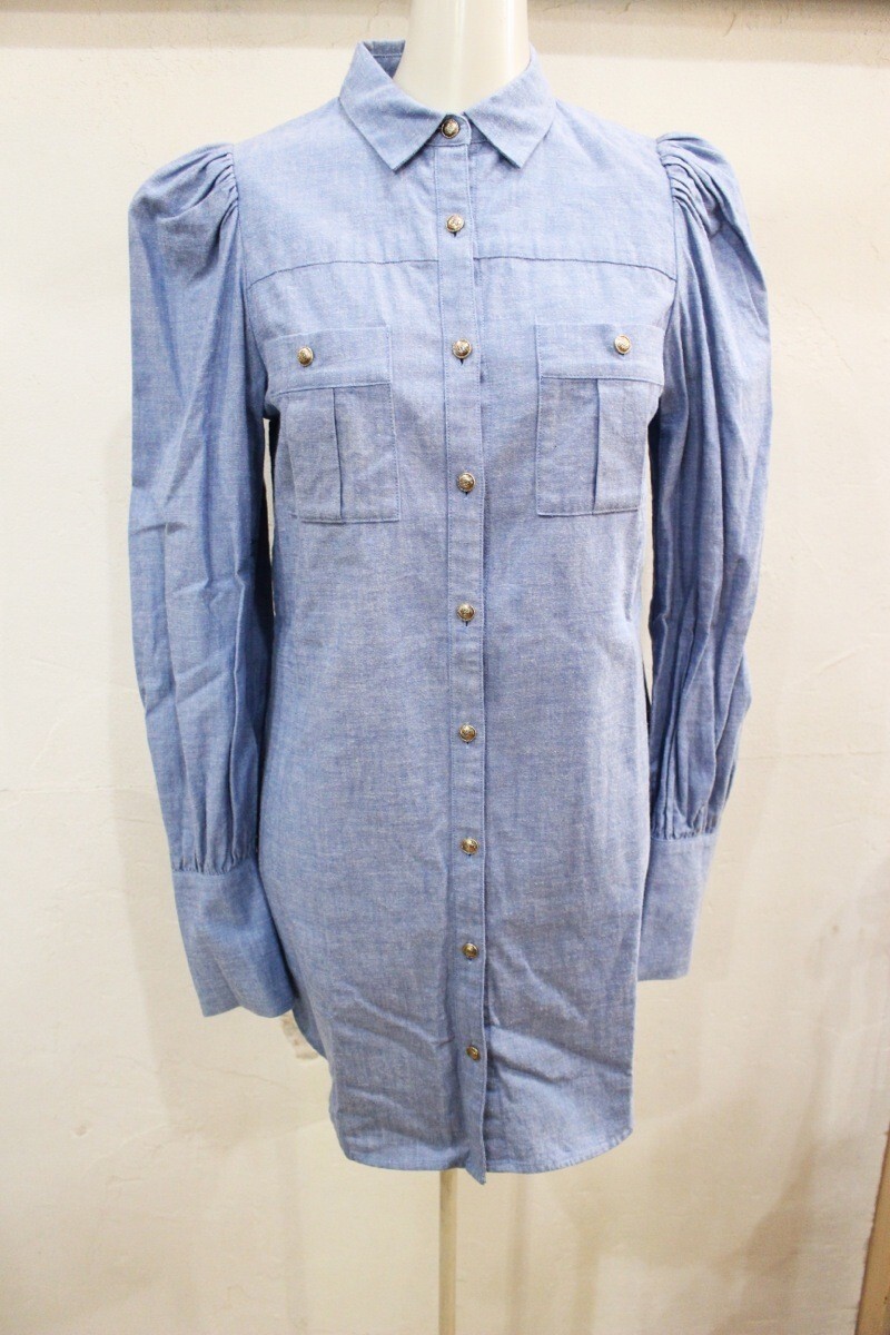 Y53☆RUMBLE RED/ランブルレッド ミリタリー シャンブレー シャツ sizeS レディース ブルー パフスリーブ 古着 used☆拍卖