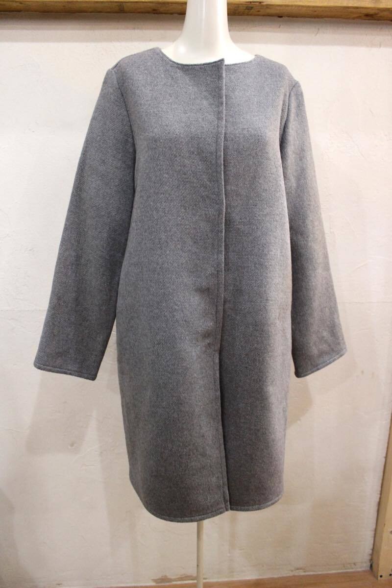 新品☆ikka/イッカ ノーカラーロングコート sizeM レディース グレー ライナーコート ラウンドカラー☆拍卖