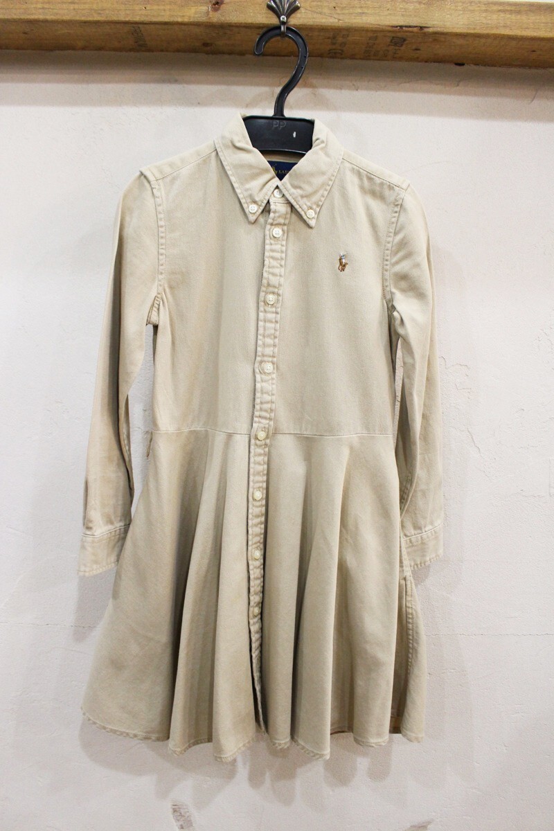 H46★RALPH LAUREN/ラルフローレン ポニー刺繍シャツワンピ ベージュ ワンピース サイズ6 120cm 女の子用 キッズ USED ★拍卖