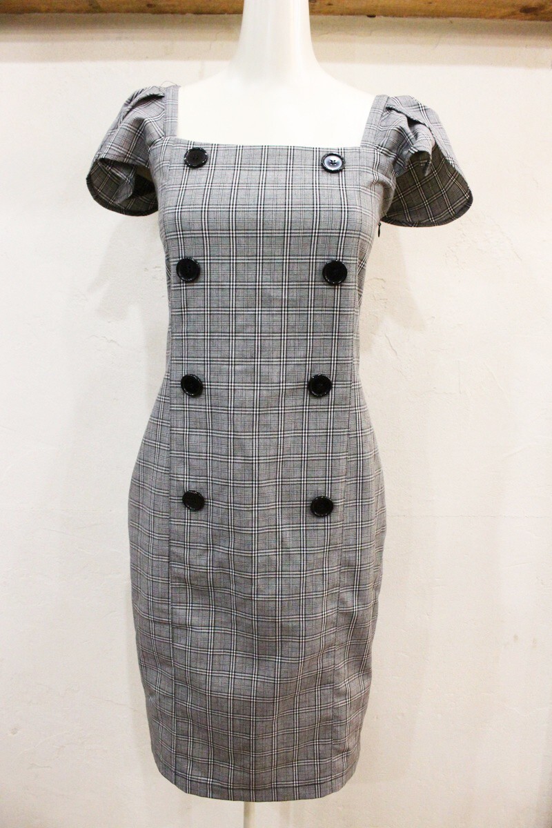 ★新品 RESEXY/リゼクシー グレンチェック柄ダブルボタンスクエアネックワンピース グレー系 FREEサイズ レディース ★拍卖