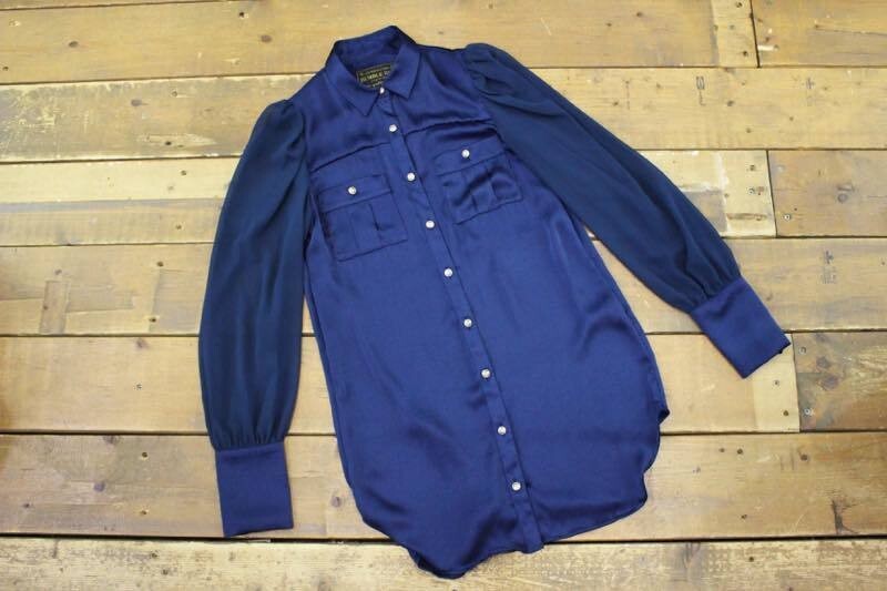 ☆RUMBLE RED/ランブルレッド シアー切替 サテンブラウス sizeS レディース ネイビー パフスリーブ シフォン クルーエル ファッジ☆拍卖