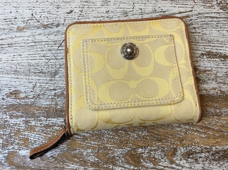 ☆COACH/コーチ 2つ折りファスナーウォレット ベージュ×ブラウン レディース ミニ財布 古着 used☆拍卖