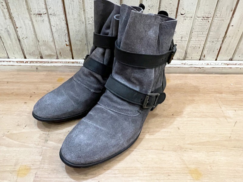 1106★H by hudson/エイチ バイ ハドソン STARLEY スターリーショート丈ブーツ ベルトデザイン スウェードレザー グレー系 38(24cm) ★拍卖
