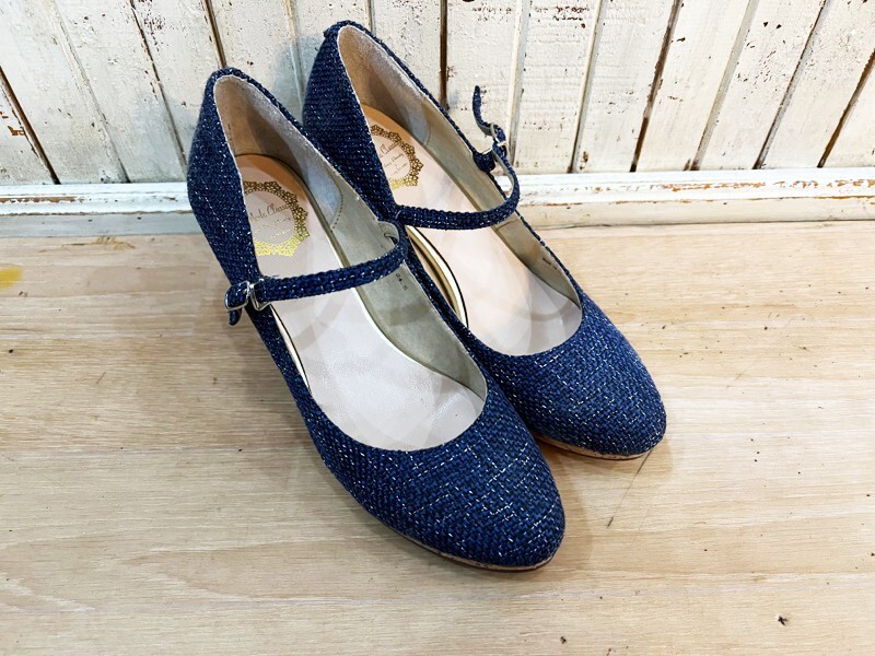 良品 ModeClasse/モードクラッセ アンクルストラップツイードパンプス ネイビー系 レディース 24.5cm カジュアル フォーマル 靴 ★拍卖