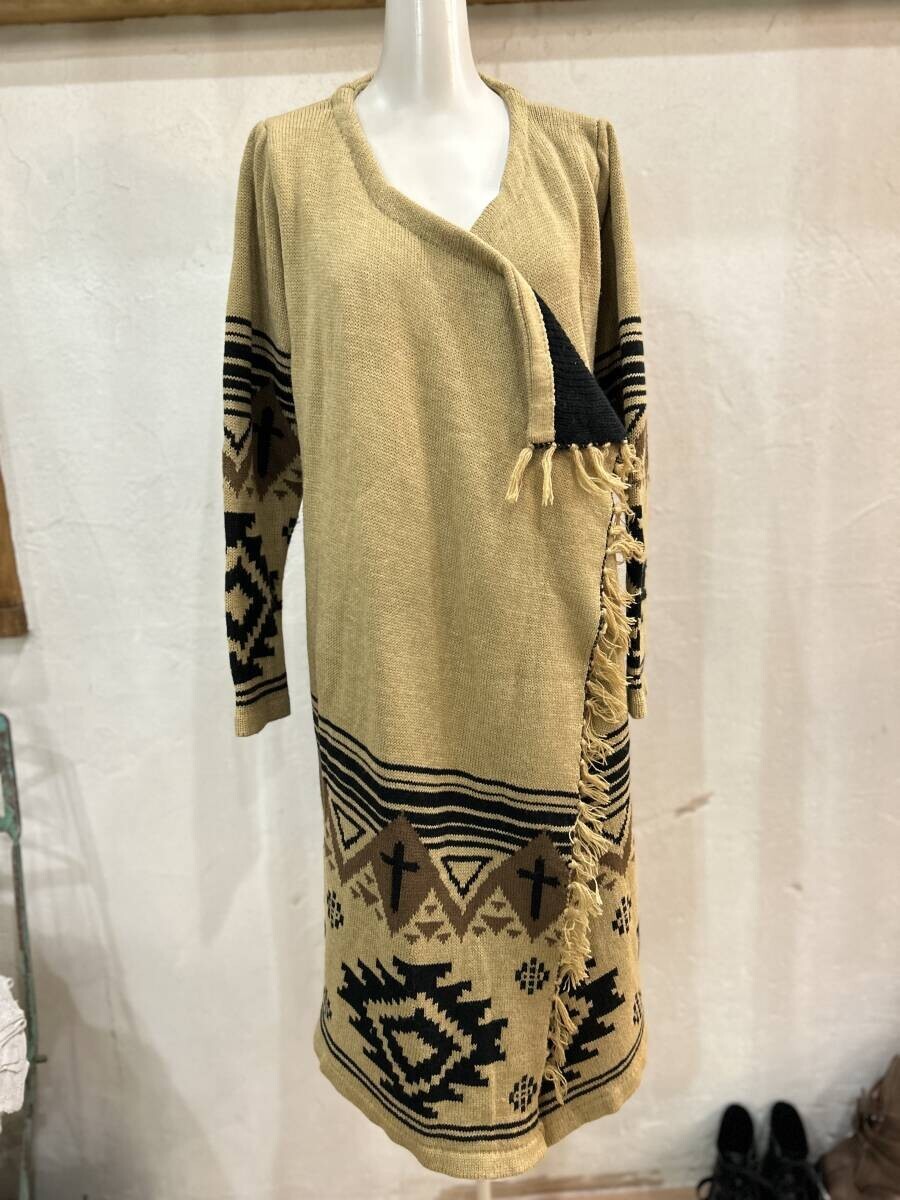 Factor= / ファクターイコール ネイティブ柄フリンジニットガウン コート レディースL程度 カーキ アクリル ウール used拍卖