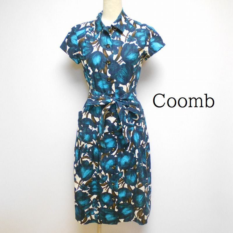 900504 Coomb クーム エメラルド×茶 花柄 半袖 ワンピース 拍卖