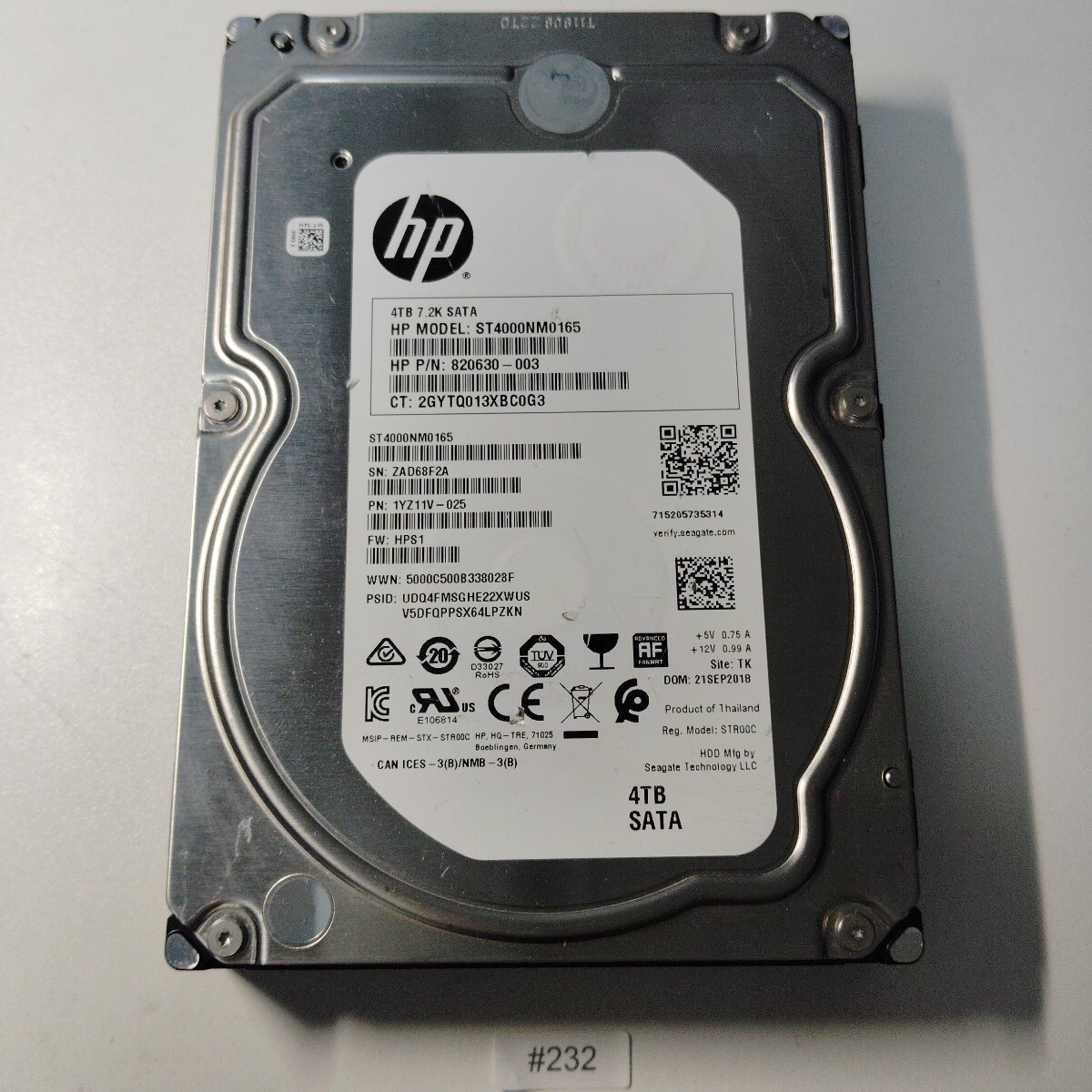HDD 4TB 3.5インチハードディスク / Crystal DiskInfo 正常 / #232 / Seagate / ST4000NM0165拍卖
