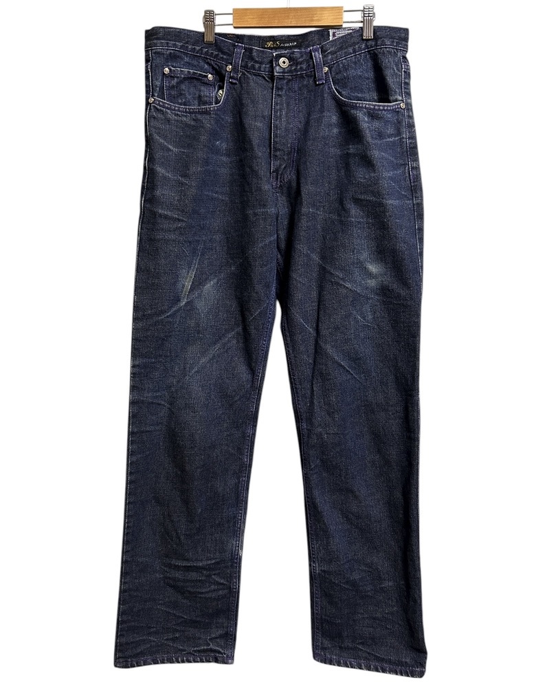 ▽Pelvis ペルヴィス 濃紺 ストレート デニムパンツ ジーンズ W34-W35 インディゴ 紫ステッチ バックプリント 韓国製 コットン100%拍卖