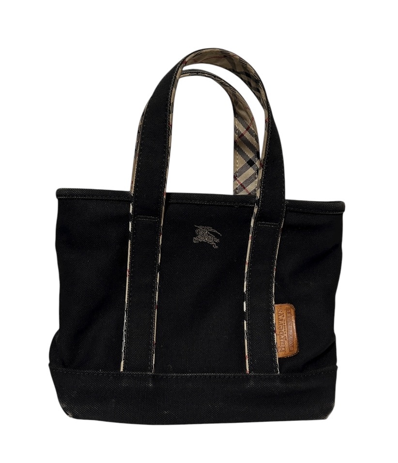 ★BURBERRY バーバリー キャンバス ミニ ハンドバッグ トートバッグ 黒 ブラック ノバチェック 三陽商会拍卖