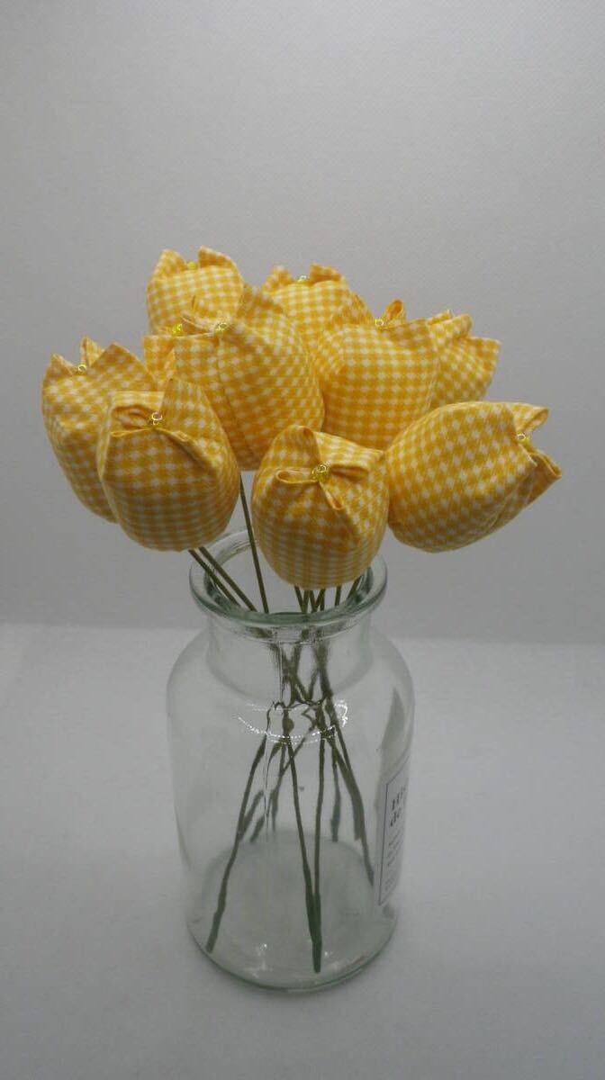 黄色のギンガムチェック 布花 ハンドメイド 10本組 拍卖