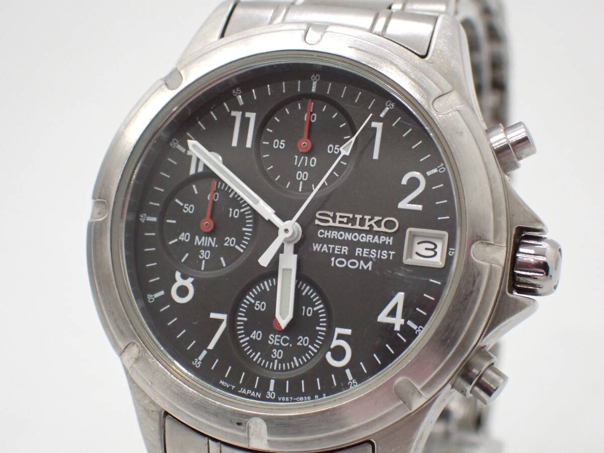 稼働品 1円~☆SEIKO セイコー QZ メンズ腕時計 クロノグラフ V657-0B20 黒文字盤 デイト ラウンド シルバーカラー アナログ/森1022-500拍卖