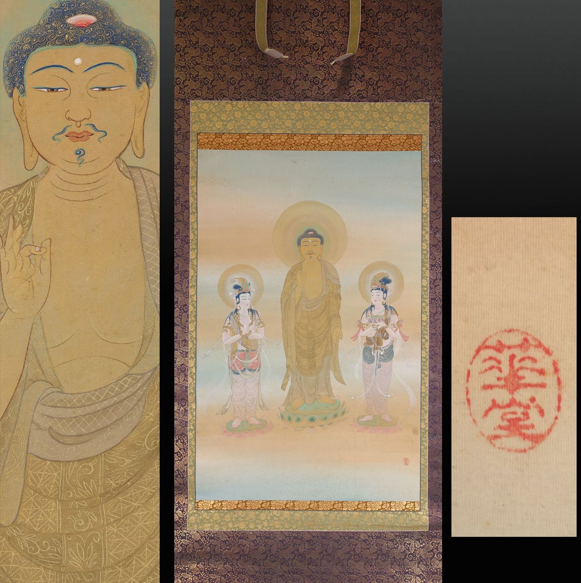 【模写】 蔵壷◆『華堂 阿弥陀三尊像』 1幅 古筆 古文書 古書 日本画 仏画 仏教絵画 仏教美術 仏像 中国仏教 茶掛軸拍卖