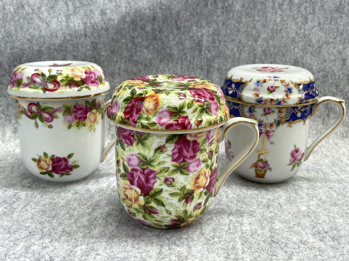 【R919】極美品 ROYAL ARDEN ロイヤルアーデン 蓋付き 茶漉し付き マグカップ ティーカップ マグティーカップ 花柄 陶器製 高級洋食器拍卖