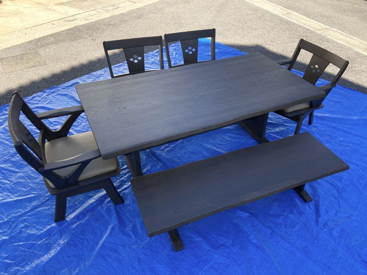 【R996】太平産業 ダイニングテーブルセット ベンチ×1 回転椅子×4 全6点 ロータイプ ダークブラウン系 天然木 飛騨家具 高級家具 b拍卖