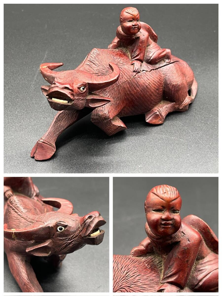 中国美術 牛乗童子 19×8×10㎝ 272g 唐物 木彫 東洋彫刻 水牛 童子 木製 置物 木彫置物 (20320)拍卖