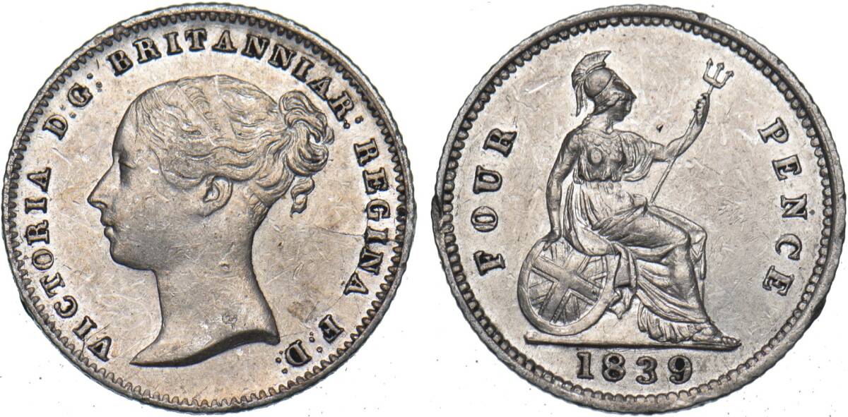 1円スタート! ・1839 イギリス 4ペンス銀貨 ビクトリア・アンティーク コイン拍卖