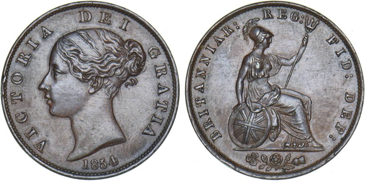 1円スタート! ・1854イギリス 1/2ペニー青銅貨 ビクトリア・アンティーク コイン拍卖