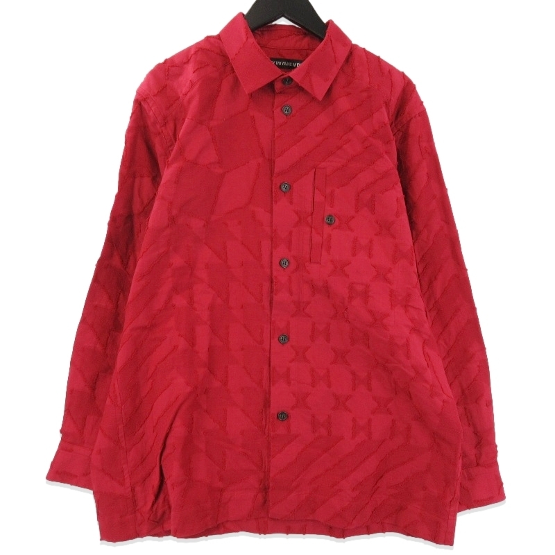 美品 ISSEY MIYAKE MEN イッセイミヤケメン 長袖シャツ ME03FJ064 GEOMETRIC CUT JACQUAD コットン 日本製 レッド 3 71014027拍卖