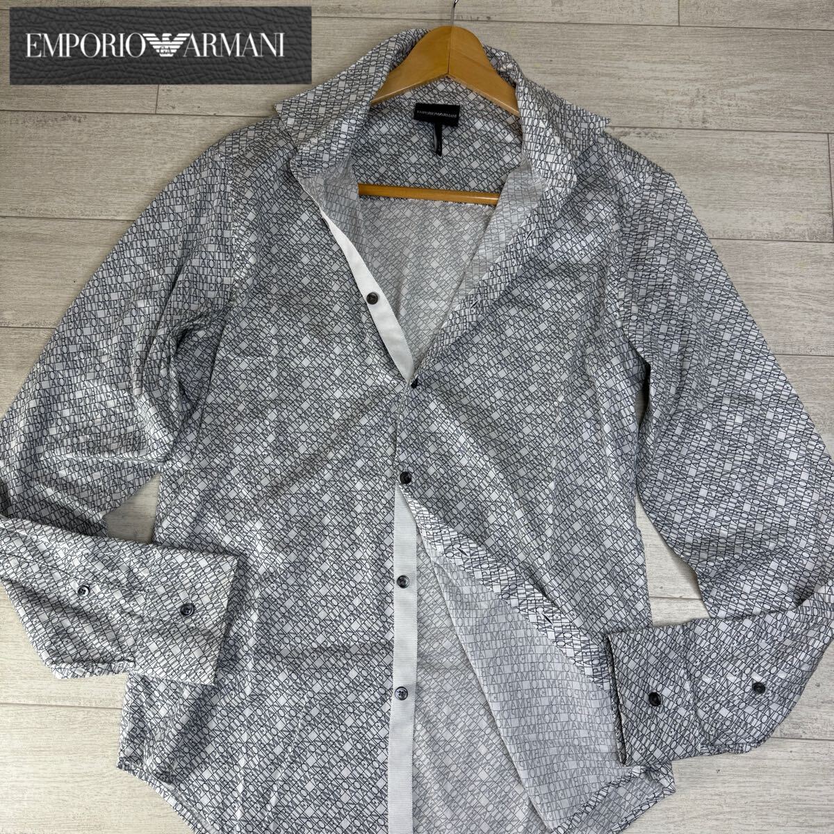 1円〜【未使用級】 EMPORIO ARMANI エンポリオアルマーニ 長袖シャツ 総柄 ストレッチ トップス ドレスシャツ サイズL拍卖