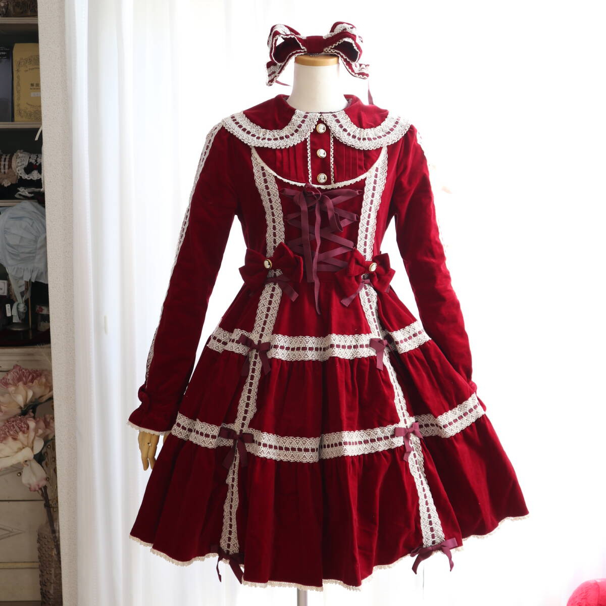 metamorphose temps de fille◆別珍 ティアード ワンピース リボンヘッドドレス セット/ロリィタ ゴスロリ メタモルフォーゼ 赤 ボルドー拍卖