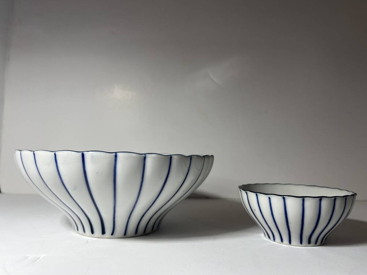 ◆◇ R985) 有田 染付 縦縞 十草 模様 中鉢 小鉢 2セット ◇◆拍卖