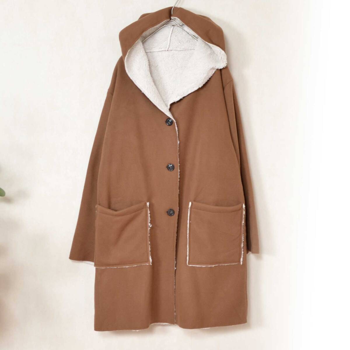 軽くてあったか 裏ボアフーディーコート レディース ミドル丈 ゆったり 体型カバー LL〜3L 秋冬 アウター 51543 キャメル拍卖
