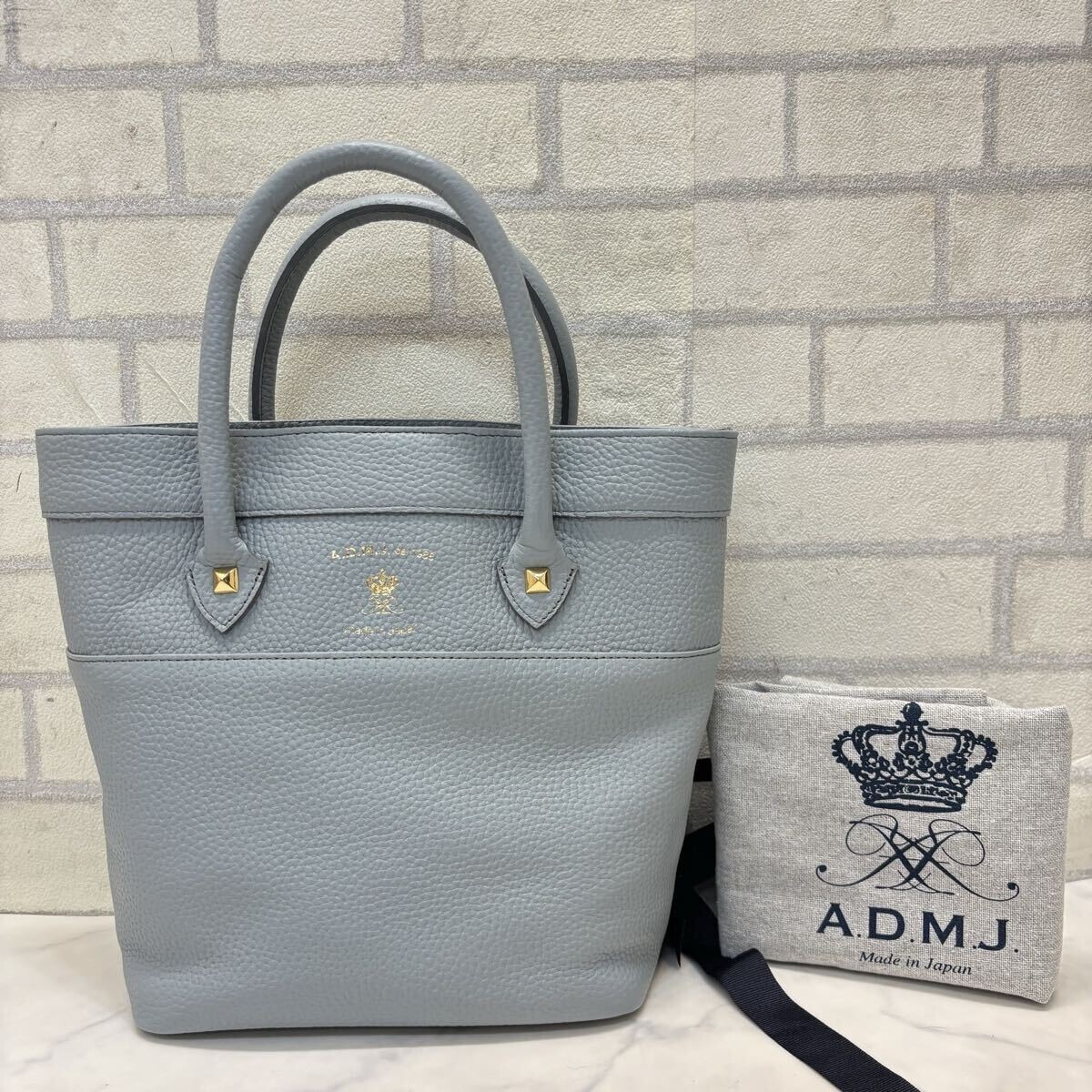新品 未使用 日本製 ADMJ エーディーエムジェイ トートバッグ ハンドバッグ 保管袋付き 本革レザー レディース 水色 ブルー拍卖