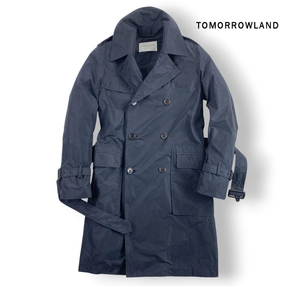 美品 TOMORROWLAND トゥモローランド 本革 レザーバックル ポリエステル 軽め オータムトレンチコート 紺 ネイビー M拍卖
