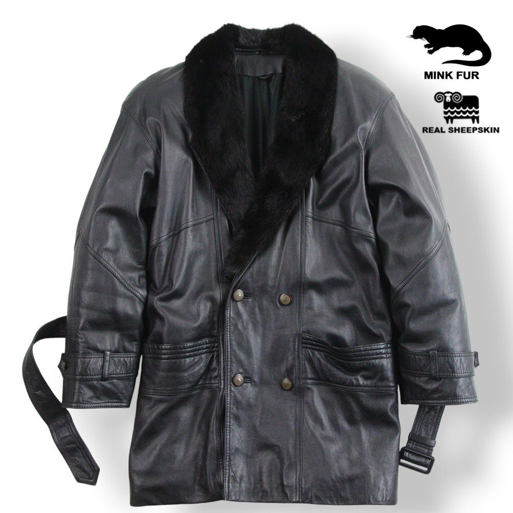 美品 ALZAMENDI アルザメンディ ミンクファーショールカラー 羊革 シープスキン ベルト付き レザーコート 黒 F(M-L)【参考価格¥165,000-】拍卖