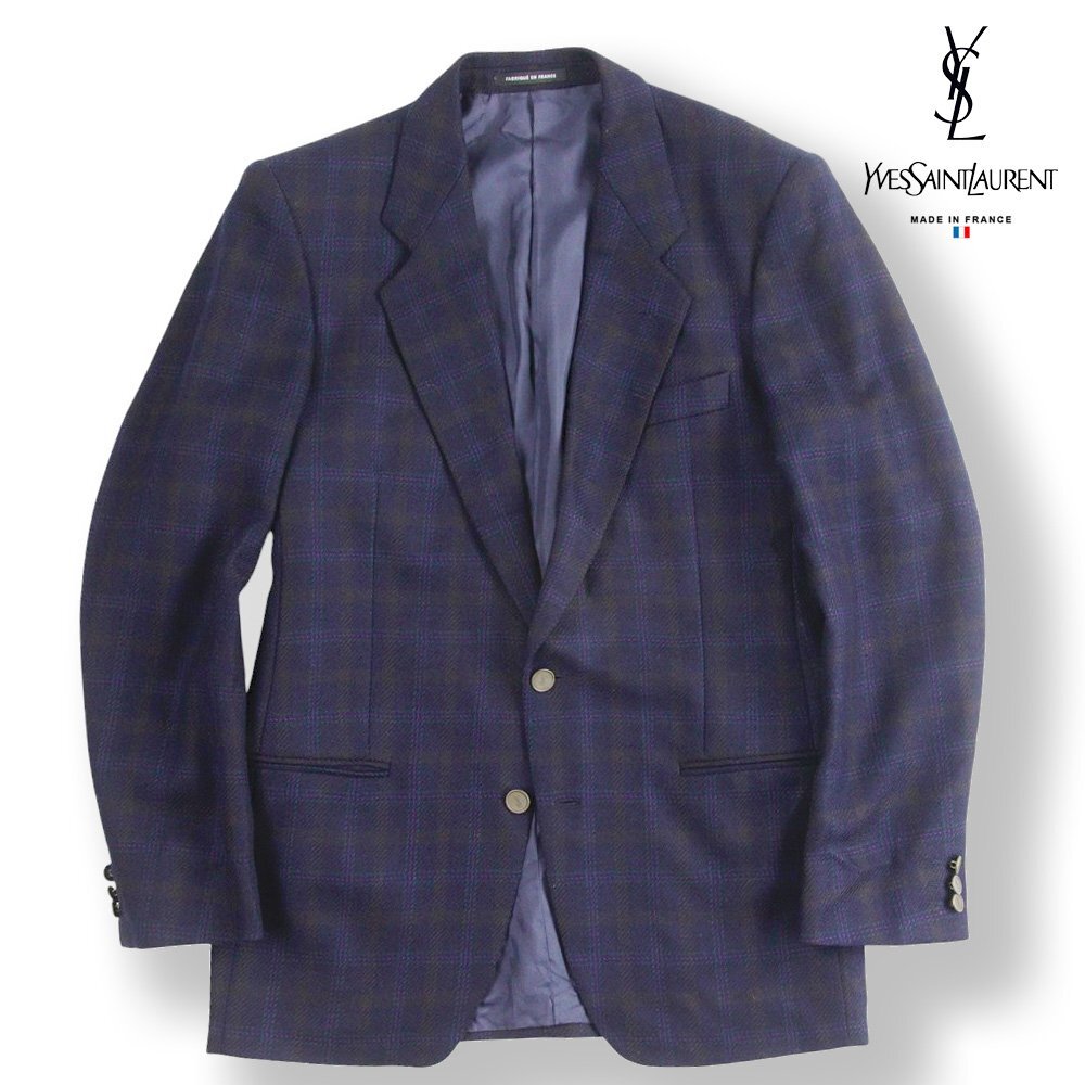 メンズ 美品 フランス製 YVES SAINT LAURENT イヴサンローラン YSL刻印 金釦 2つボタン ブレザー テーラードジャケット 紺 チェック M拍卖