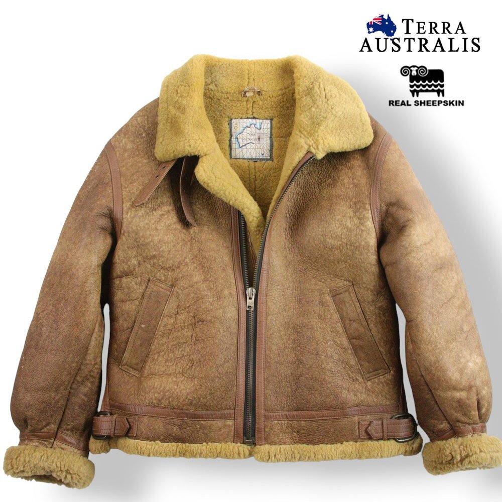 美品 TERRA AUSTRALIA テラオーストラリア 豪州産 羊革 ダブルフェイス ムートン TYPE B-3 フライトジャケット 茶 L【参考価格¥132,000-】拍卖