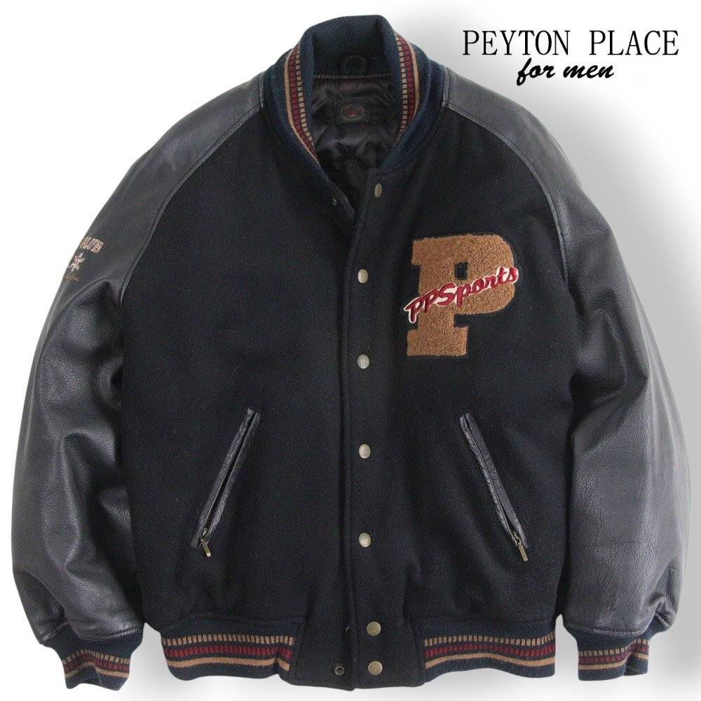 90’s ヴィンテージ!美品 日本製 PEYTON PLACE ペイトンプレイス Pレタード バック刺繍 牛革 袖革スタジャン 黒 XL【参考価格¥38,500-】拍卖