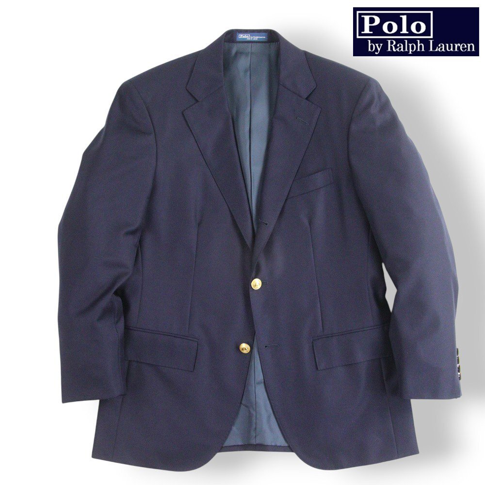 極美品 日本製 Polo by Ralph Lauren ラルフローレン ギャバジンウール 金釦 3つボタン 段返り 紺 ブレザー AB5【参考価格¥90,200-】拍卖
