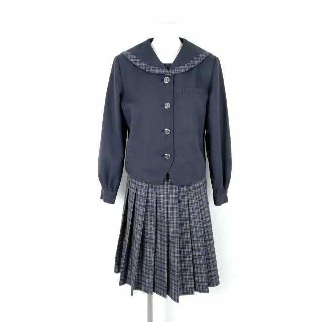 1円 セーラー服 チェックスカート 上下2点セット 指定 165A 大きいサイズ 富士ヨット 冬物 柄1本線 福岡新津中学 紺 中古 ランクC EY5601拍卖