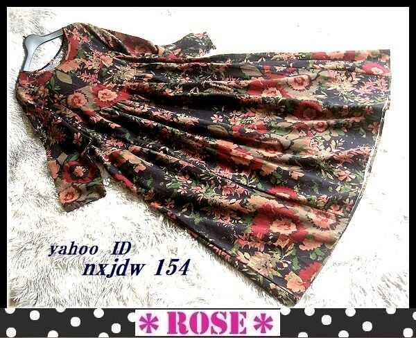 ◆Rose◇ゆったりワンサイズ・深みの秋色ブーケ♪ナチュラルリネンのギャザーワンピース/ボルドー系拍卖