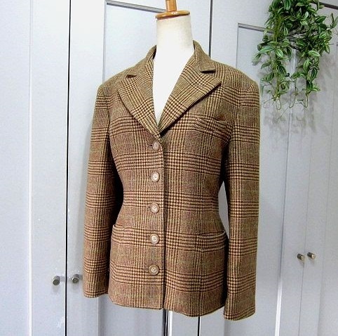 ラルフローレン Ralph Lauren ツイードジャケット ウール100% 格子柄 大きめ表記11(2L相当) ブラウン系 秋冬拍卖