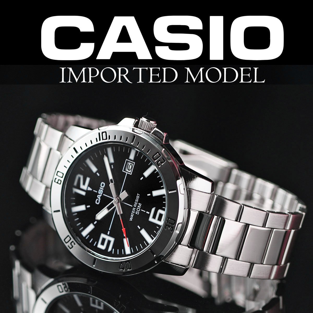 新品 逆輸入カシオ最新作 精悍ブラックメタリック 50m防水 腕時計 未使用 CASIO メンズ 激レア日本未発売拍卖