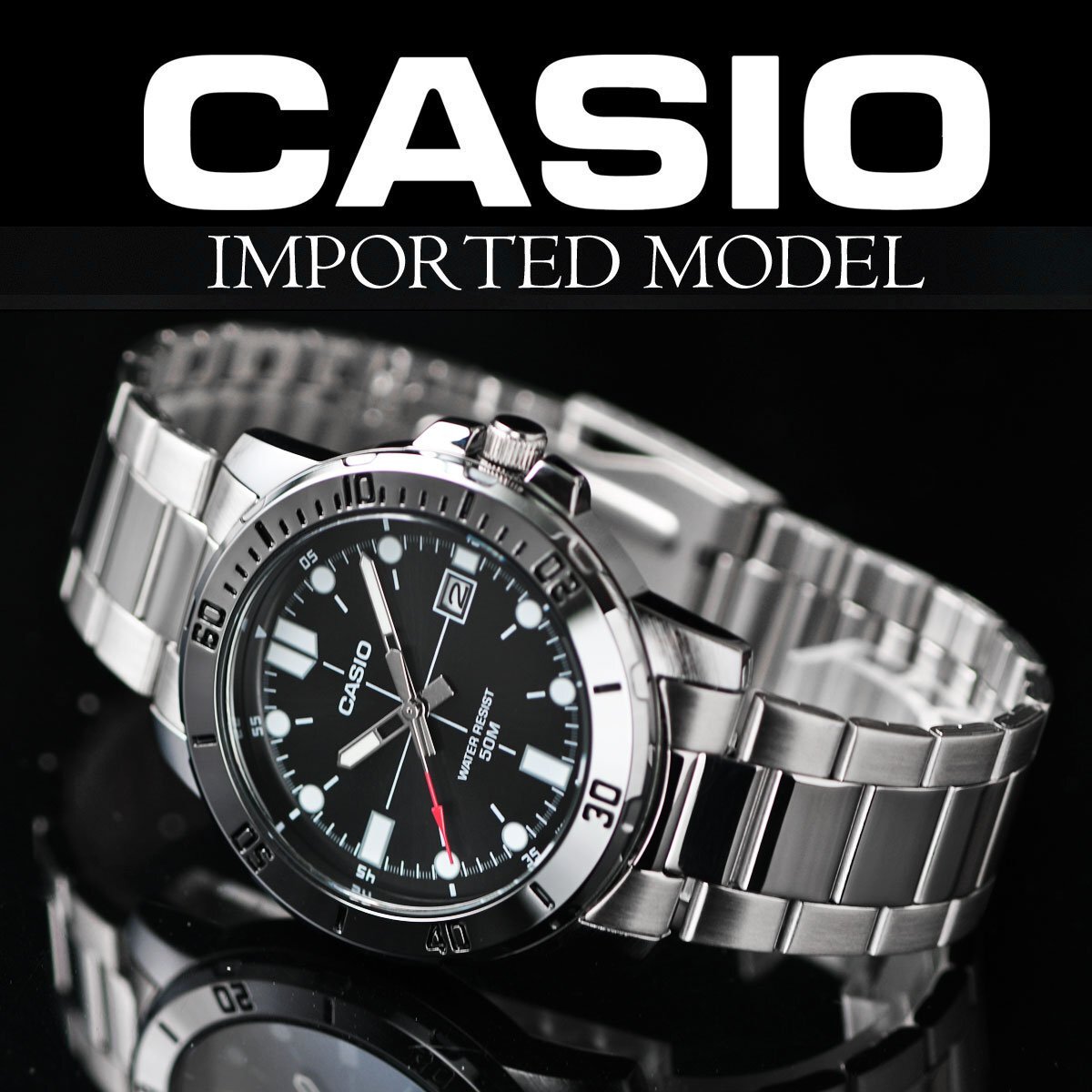 新品 逆輸入カシオ最新作 精悍ブラックメタリック 50m防水 腕時計 未使用 CASIO メンズ 激レア日本未発売拍卖