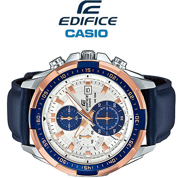 カシオEDIFICEエディフィス欧米モデル ゴールド&ブルー 100m防水 クロノグラフ 本革 CASIO 新品未使用 メンズ 本物拍卖